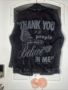 Coco Gauff x America Eagle Graphic Black Denim Jacket with Silver Print